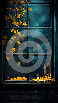 antique style door decorated with gold leaves background wallpaper. Autumn leaves, candles, and flowers.