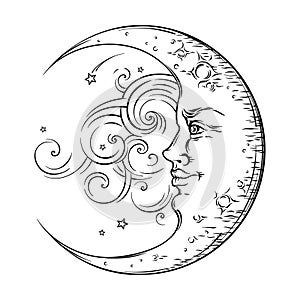 Antique style hand drawn art crescent moon. Boho chic tattoo design vector photo