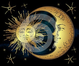 Antique style hand drawn art golden sun, crescent moon and stars over blue black sky. Boho chic design vector