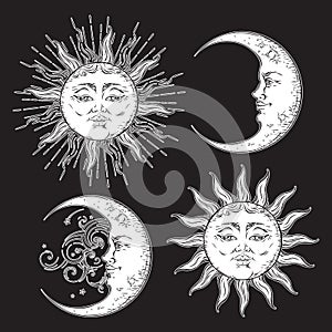 Antique style hand drawn art sun and crescent moon set. Boho chic design vector white isolated on black background