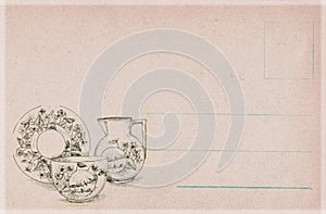 Antique style kitchen postcard with tea pot and tea cup