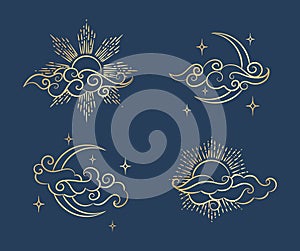 Antique style sun and crescent moon. Boho chic tattoo design vector illustration