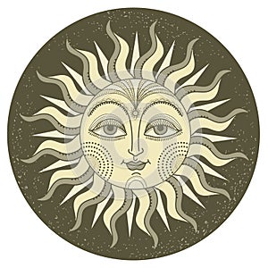 Antique sun symbol with face. Vector vintage sun hand drawn illustration with design elements for print or design isolated