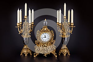 Antique table clock and two candlesticks with candles
