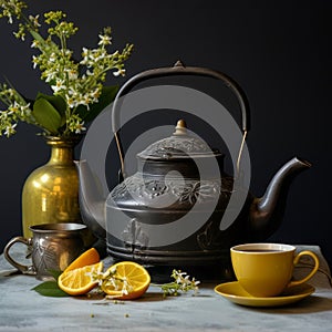 Vintage Teatime: Antique Tea Kettle and Bergamots on Wooden Table photo