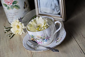 Antique Teacup with yellow daisy flowers