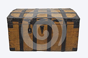 Antique Tin Travel Trunk Steamer Chest closed isolated on white background