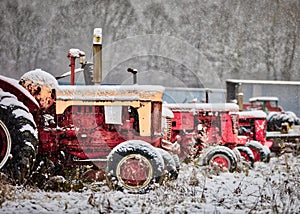 Antique tractors lined up in a snow storm