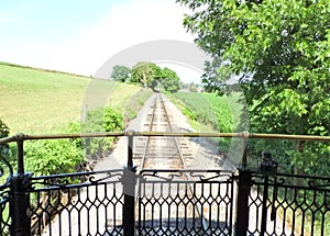 Antique Train observation car view of traintrack in Pennsylvania countryside