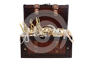 Antique Treasure Chest FIlled with Gold Silver DIamond Treasures on a White Background