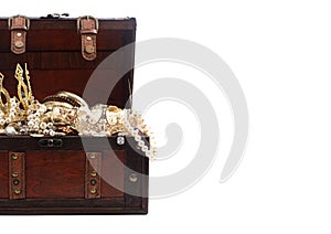 Antique Treasure Chest FIlled with Gold Silver DIamond Treasures on a White Background