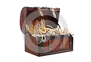 Antique Treasure Chest FIlled with Gold Silver DIamond Treasures on a White Background