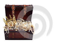 Antique Treasure Chest FIlled with Gold Silver DIamond Treasures on a White Background