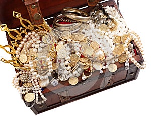 Antique Treasure Chest FIlled with Gold Silver DIamond Treasures on a White Background