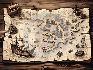 Antique treasure map with sailing ships, evoking the adventurous and mysterious spirit of pirate tales. Perfect for adventure,