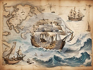 Antique treasure map with sailing ships, evoking the adventurous and mysterious spirit of pirate tales. Perfect for adventure,