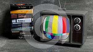Antique TV set and stack of books