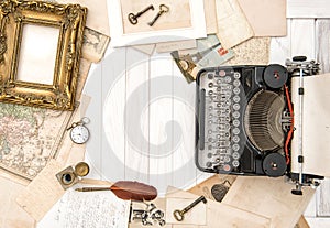 Antique typewriter vintage office accessories Flat lay still life
