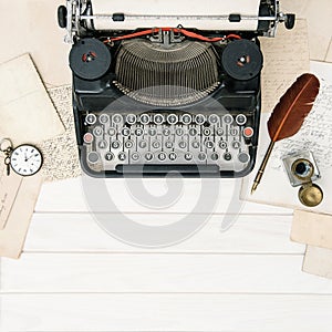 Antique typewriter vintage office tools Flat lay still life retro toned
