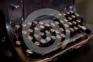 Antique Typewriter. Vintage Typewriter Machine Closeup Photo.