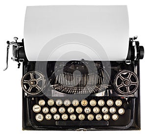 Antique typewriter with white blank sheet of paper.