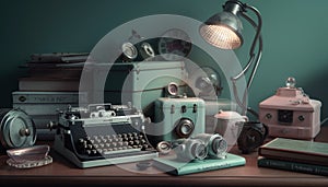 Antique typewriter on wooden desk evokes nostalgia generated by AI