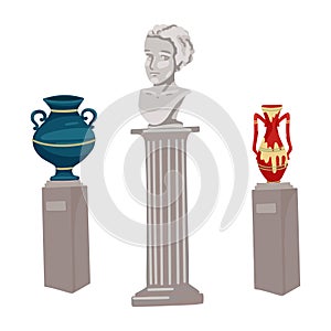 Antique vases, a bust of a human head, sights, a museum piece, antique sculpture, Greek monuments. Vector illustration