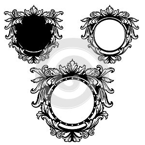 Antique vector flourish elements forming round black and white vintage copy space medallion