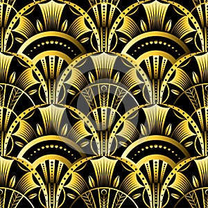 Antique vector seamless shell gold art deco pattern. Geometrical wavy background from golden fan.