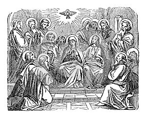 Vintage Antique Religious Biblical Drawing or Engraving of Choosing Disciple Matthias as Judas Successor as Apostle photo