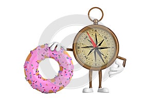 Antique Vintage Brass Compass Cartoon Person Character Mascot with Big Strawberry Pink Glazed Donut. 3d Rendering