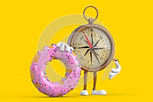Antique Vintage Brass Compass Cartoon Person Character Mascot with Big Strawberry Pink Glazed Donut. 3d Rendering