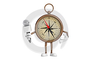Antique Vintage Brass Compass Cartoon Person Character Mascot with Modern Chrome Microphone. 3d Rendering