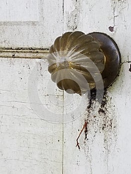 Old Brass Fluted Doorknob on a White Weathered Door Detail Closeup