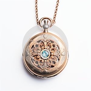 Antique Vintage Pocket Watch Necklace With Oxidized Bronze And Aqua Crystal