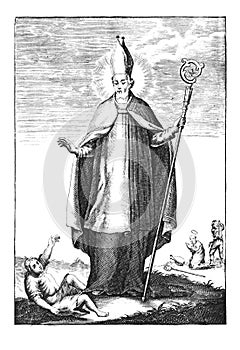 Vintage Antique Religious Allegorical Drawing or Engraving of Christian Holy Man Saint Valentine with Miter and Crosier photo