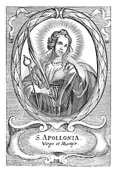 Vintage Antique Religious Allegorical Drawing or Engraving of Christian Holy Woman Saint Apollonia Holding Pliers and photo