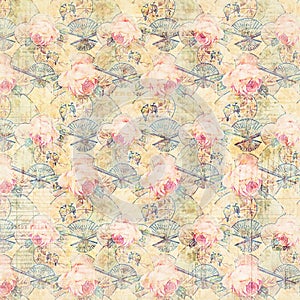 Antique vintage roses and fans patterned background in pink and green spring colors