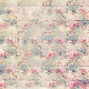 Antique vintage roses patterned background in pink and green spring colors