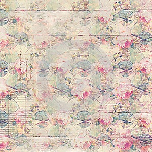 Antique vintage roses patterned background in pink and green spring colors photo