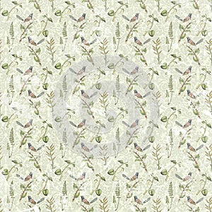 Antique vintage shabby seamless floral repeat pattern with bird