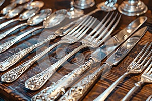 Antique Vintage Silverware Collection on Wooden Table Elegant Forks, Spoons, and Knives Flatware Display