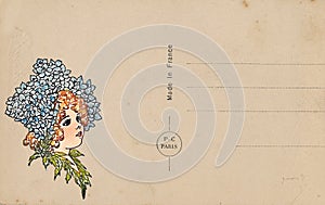 Antique vintage style postcard with flower fairy illustration