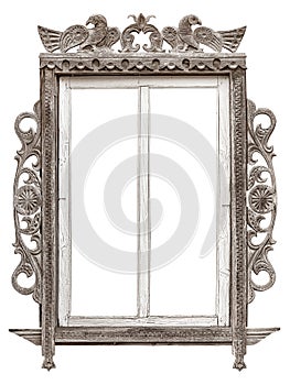 Antique vintage wood carved window frame isolated on white backg