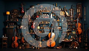 Antique violin on wooden shelf, musician collection generated by AI