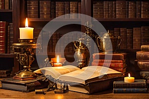 Antique volumes in the library illuminated by candles