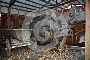 Antique wagon and farm machinery in Dufur, Oregon