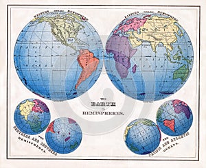 1874 Antique Warren Print of the World in Hemispheres with Polar Projections photo