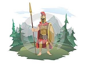 An antique warrior with a shield and a spear on the background of a mountain landscape. God of war, Ares or Mars. Vector