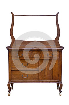 Antique wash stand table made of quarter sawn oak isolated on a white background